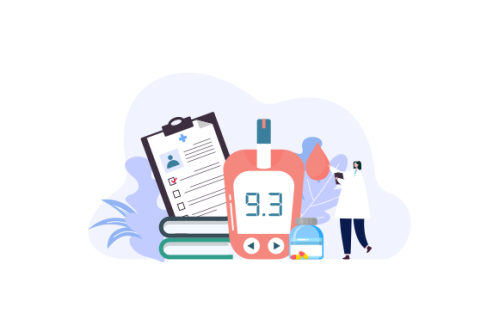 Blood glucose testing meter and insulin production concept illustration