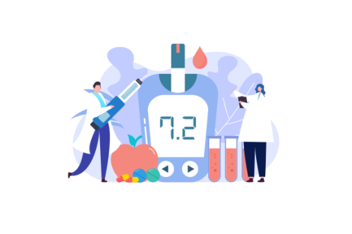 Blood glucose testing meter and insulin production concept illustration