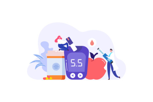 Blood glucose testing meter and insulin production concept illustration