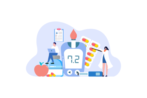 Blood glucose testing meter and insulin production concept illustration
