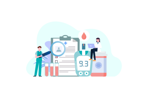 Blood glucose testing meter and insulin production concept illustration
