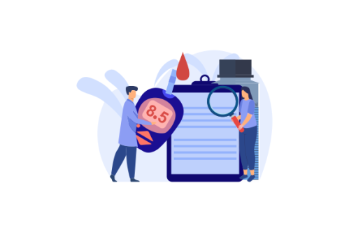 Blood glucose testing meter and insulin production concept illustration