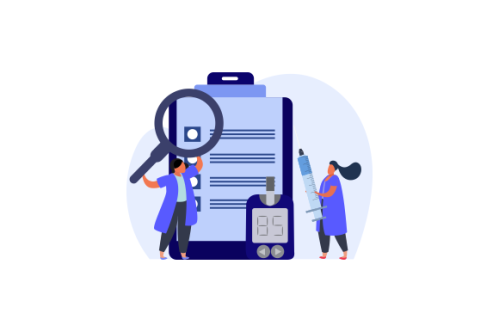 Blood glucose testing meter and insulin production concept illustration