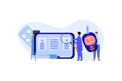 Blood glucose testing meter and insulin production concept illustration